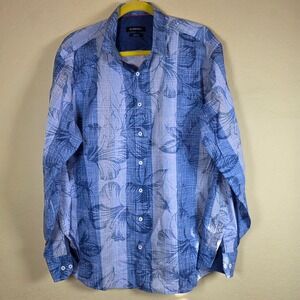 BUGATCHI Men's Blue‎ Floral Plaid Classic Fit Long Sleeve Button Up Shirt XL